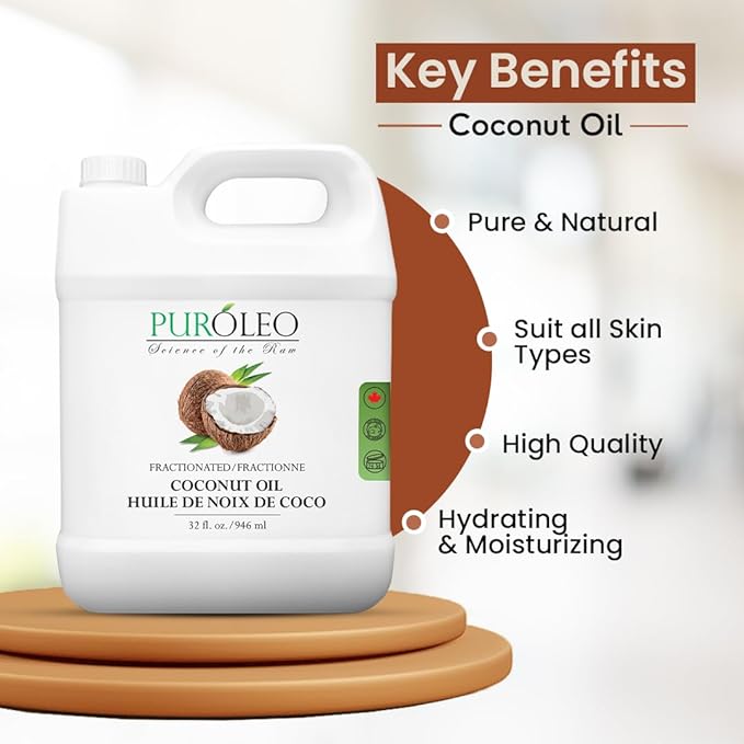PUROLEO Fractionated Coconut Oil 32 Fl Oz/946 ML (Packed in Canada) 100% Natural and odorless Moisturizer & Carrier Oil l Hair Skin Body, Aromatherapy, Massage, Makeup Remover