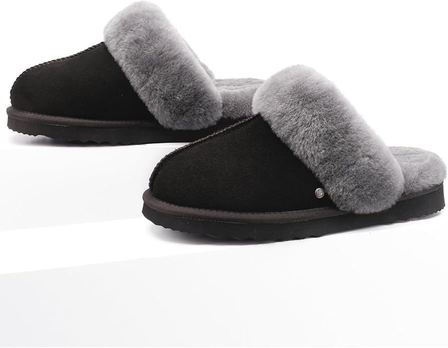 Parfeying Women's Shearling Slippers Genuine Leather with Rubber Sole, Sheepskin Fuzzy Indoor Outdoor Shoes for Home