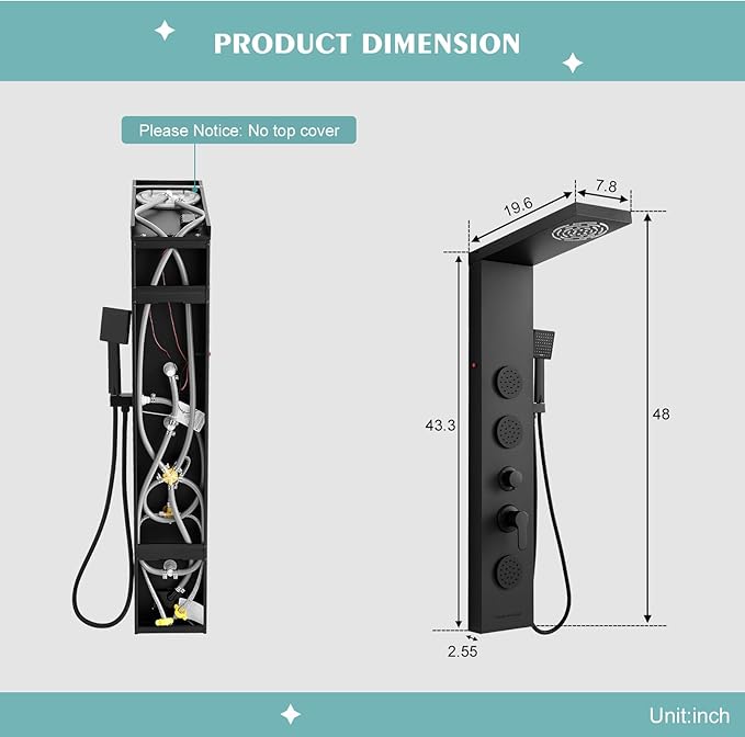 KINKIB Matte Black Shower Panel for Bathroom - 5 In 1 Full Body Shower Tower With Led, Rainfall Shower Head With Powerful Body Jets, Handheld Shower And Tub Spout