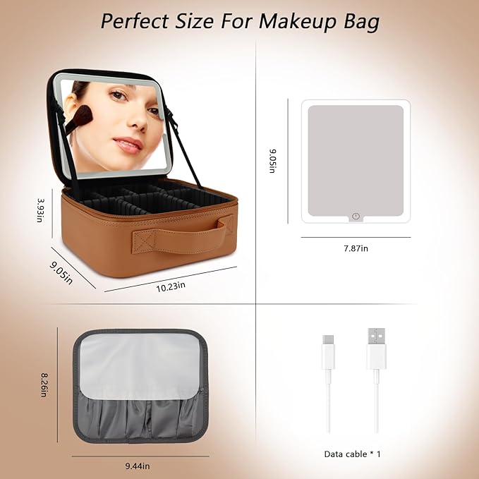 SLUMAZI Travel Makeup Bag with LED Mirror Travel Makeup Organizer with 3 Lighted Settings, Adjustable Dividers and Makeup Brush Storage Bag Caramel
