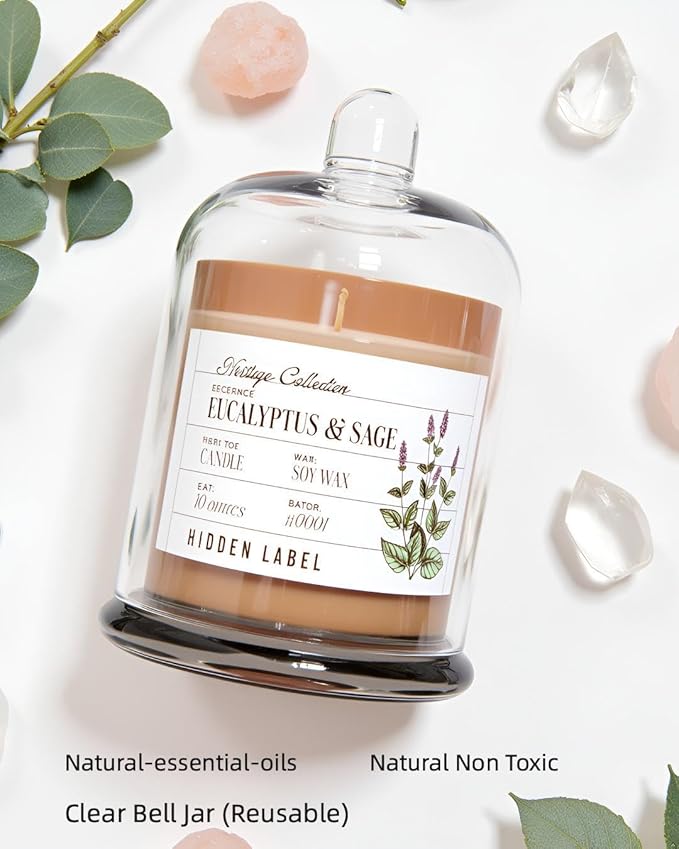 Hidden Label Eucalyptus & Alpine Sage Scented Candle - 10oz Non Toxic Candles for Home Scented with Clear Bell Jar, Natural Soy Wax Aromatherapy Candle for Spa/Yoga/Meditation & Stress Relief Gifts