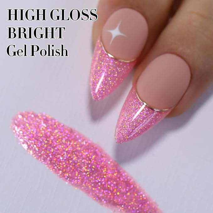 Double Rhythm 15ML Glitter Gel Polish Shimmer Reflective Holographic Color Magnetic for Nail Art Salon DIY at Home (Pink-B1154)