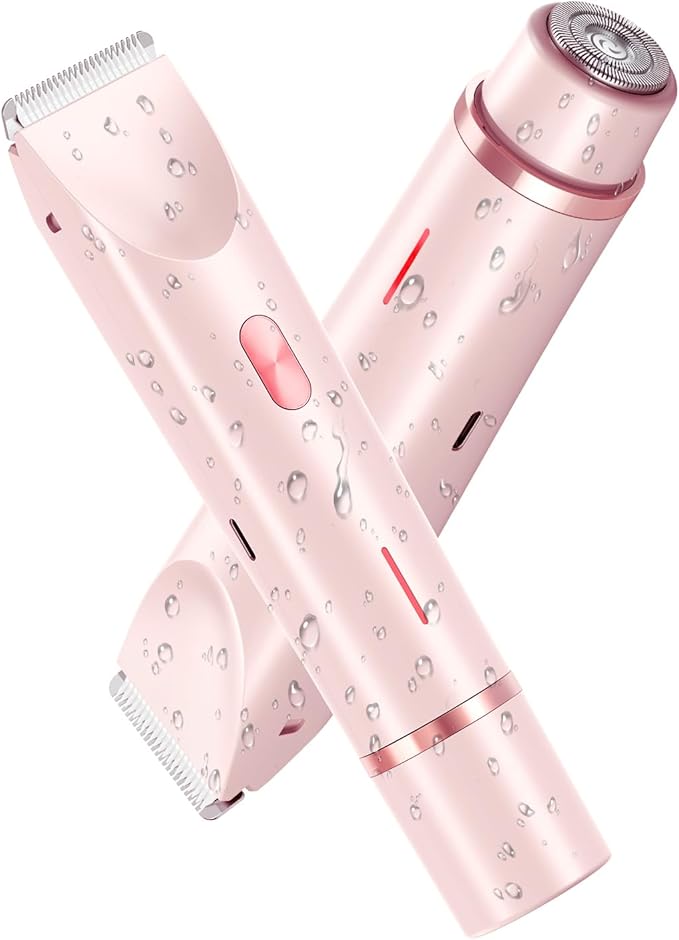 Electric Bikini Trimmer for Women - Gentle Trimming Facial Hair Removal, IPX7 Waterproof, Dual Head, USB Charge, Ceramic Blade, Pink