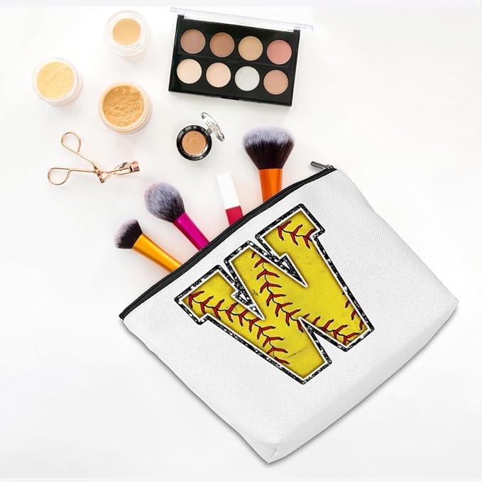 CQM Softball Gifts Initial Makeup Bag Monogrammed Cosmetic Bag Yellow Letter W Zipper Pouch Softball Accessories for Girls Women Player Coaches Friend Graduation Birthday Gifts