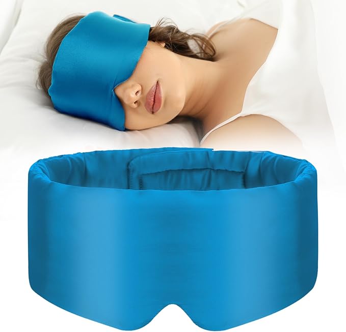 SECZIPE 100% Mulberry Silk Sleep Mask Eye Mask for Women Man with Adjustable Band, for Side Sleeper Blackout Sleep Mask for Travel Rest and Office Large Size (Blue)