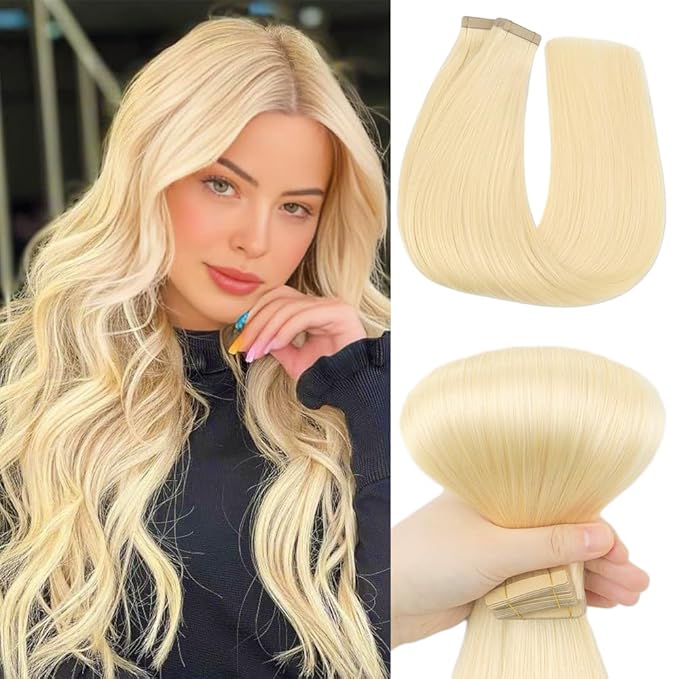 Tape in Extensions for Women 24 Inch Tape in Hair Extensions Color 60 Platinum Blonde Real Hair Extensions for Thin Hair 20pcs Seamless (60#,24 Inch)