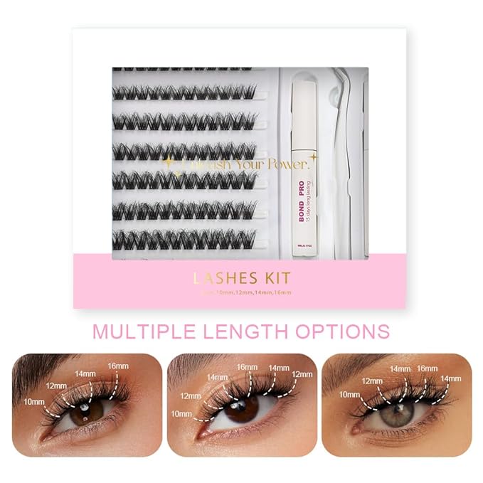 Lash Extension Kit DIY Lash Clusters 10-16mm 96pcs Individual Lashes Clusters Soft Thin Band Natural Volume Eyelash Extension with Lash Bond and Remover, Lash Tweezers for Self Use 30#