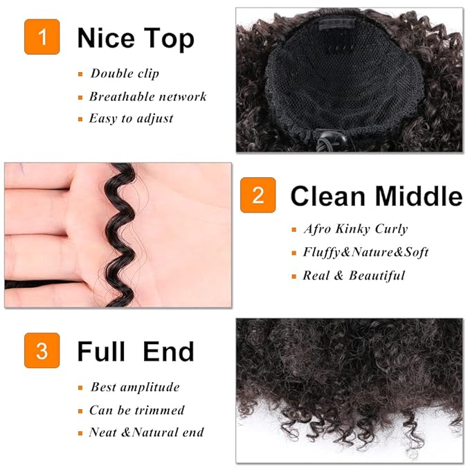 Drawstring Ponytail Afro Kinky Curly Ponytail for Black Women Short Wave Synthetic Ponytail Hair Extension(#4,Medium Brown)
