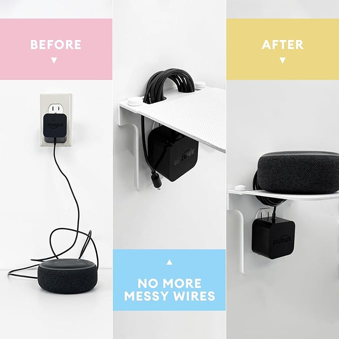 Metal Outlet Shelf Wall Holder for Decora (Standard Rectangle) Outlets - Bathroom & Kitchen Organizer with Cord Storage,Quick Install for Echo Dot Smart Home Toothbrush Holder Smart Speaker Cell Phone