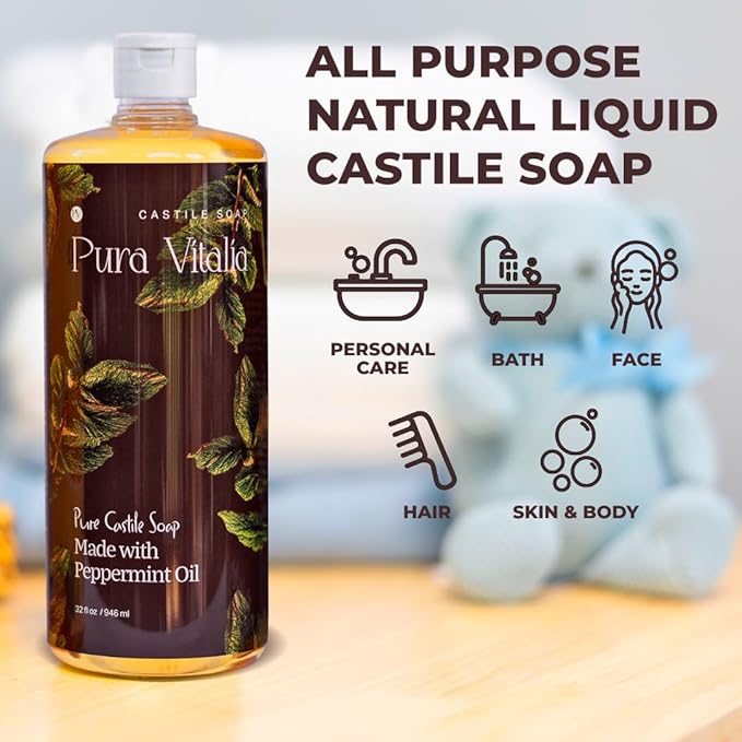 Pura Vitalia Peppermint Organic Castile Soap | Body Wash & Cleanser for Face & Hands | Biodegradable, Eco-Friendly, Palm Oil Free, Vegan & Gentle | Made with 6 Natural Ingredients - 32 oz