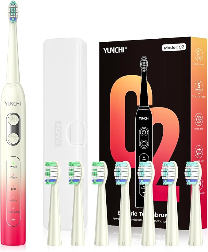 YUNCHI Electric Toothbrush Birthday/Valentine Plastic 8 Heads 24-Mo Deep Cleans Gentle Gums Removes Stains 3Hr USB-C 90d 2-Min Timer/30s IPX7 - Yellow Red