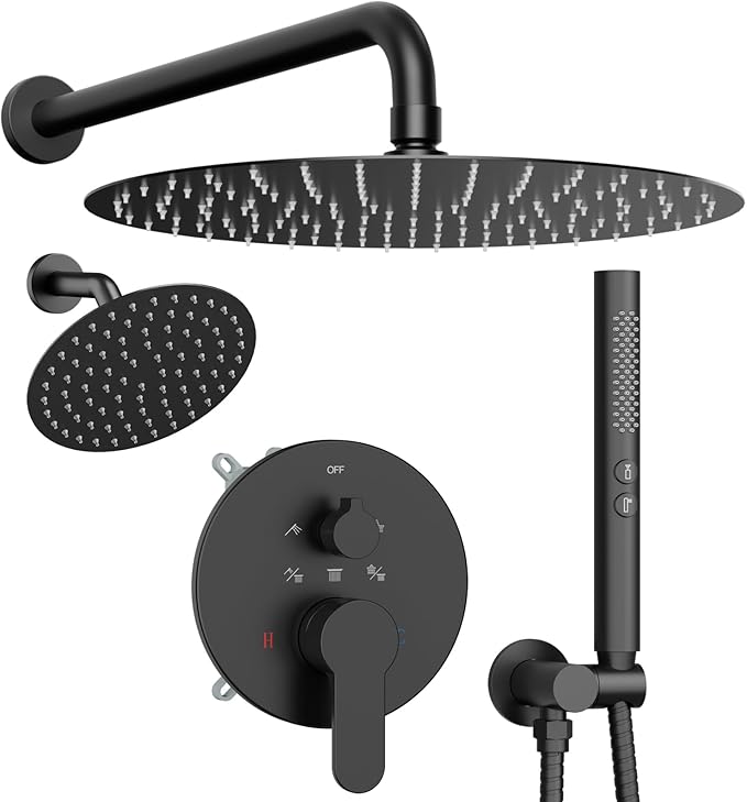 Shower Systems STARBATH 12+6" Round Dual Rainfall Shower Head with Handheld Spray for Two People, Wall Mounted 3 Way Rain Shower Faucet Sets Complete, Included Valve and Trim Kit, Matte Black