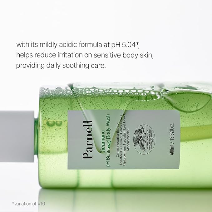 Parnell Cicamanu pH Balanced Body Wash 13.5 Fl Oz | Salicylic Acid LHA Cica HA Ceramide | Mild Soothing Cleanser for Back Acne Bacne & Sensitive Troubled Skin