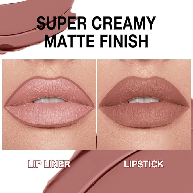 evpct Nuetral Nude Gradient Matte Lipstick Lip Liner Crayon Combo Pencil Set for Older Women Long Lasting Waterproof, Matte Brown Nude Cream Lip Liner and Lipstick Combo Makeup, Flawless Ombre Effect