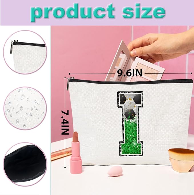 CQM Soccer Gifts Initial Makeup Bag Monogrammed Cosmetic Bag Letter I Zipper Pouch Soccer Accessories for Girls Women Player Coaches Friend Graduation Birthday Gifts