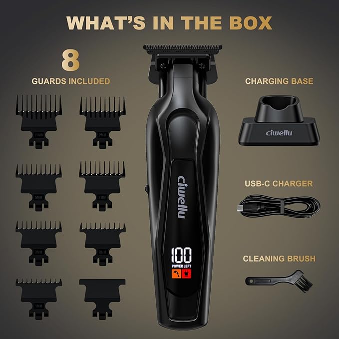 Hair Trimmer for Men, Professional Barber Liner & Beard Trimmer with Zero-Gap T-Blade Clippers,USB-C Fast Charge with 7 Guards for Hair/Body