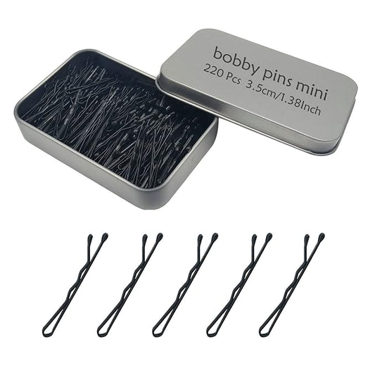 YINGFENG 220 Count Mini Wavy 1.38 Inch bobby pins black with Storage Box, Suitable for All Hair Types, Hair Clips for Kids, Girls and Women