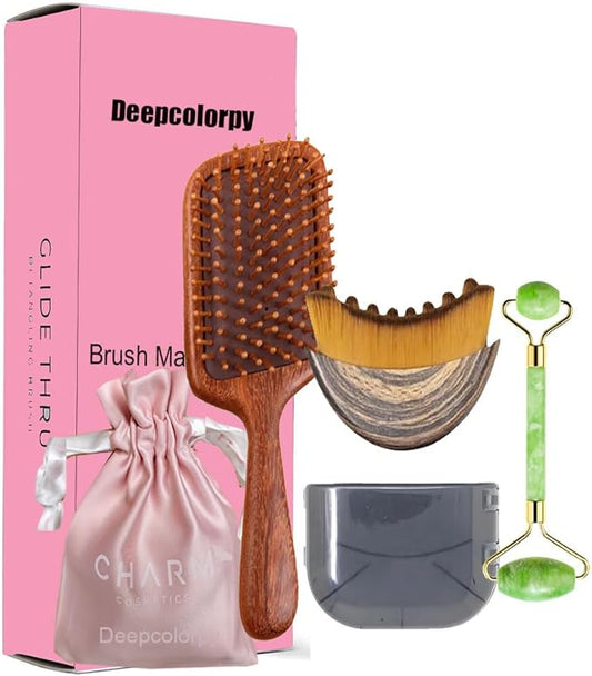 Lymphatic Contour Face Brush with Facial Roller Wet Hair Massager Kit, Self Care Brush Gift Set for Face Lift Lymph Drainage Hair Growth Relax,Christmas Birthday Holiday Gift for Mom Women