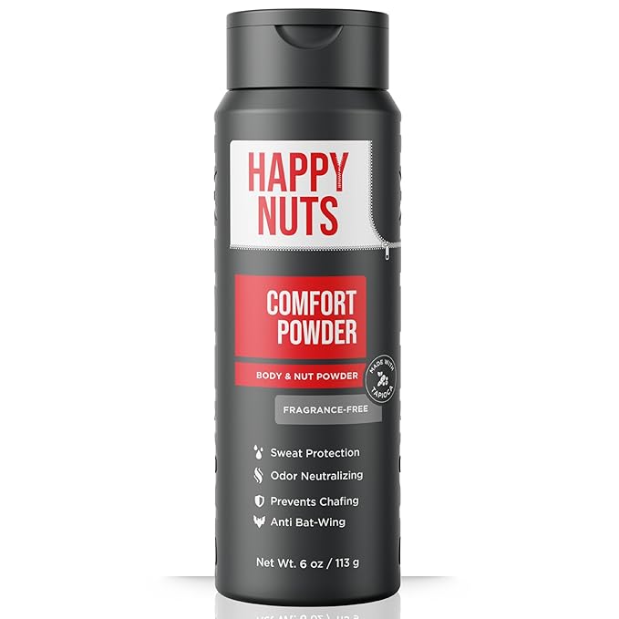 HAPPY NUTS Comfort Powder Deodorant For Men: Anti-Chafing, Sweat and Odor Control for Jock Itch, Aluminum-Free, 6 oz (1 Pack), Fragrance-Free