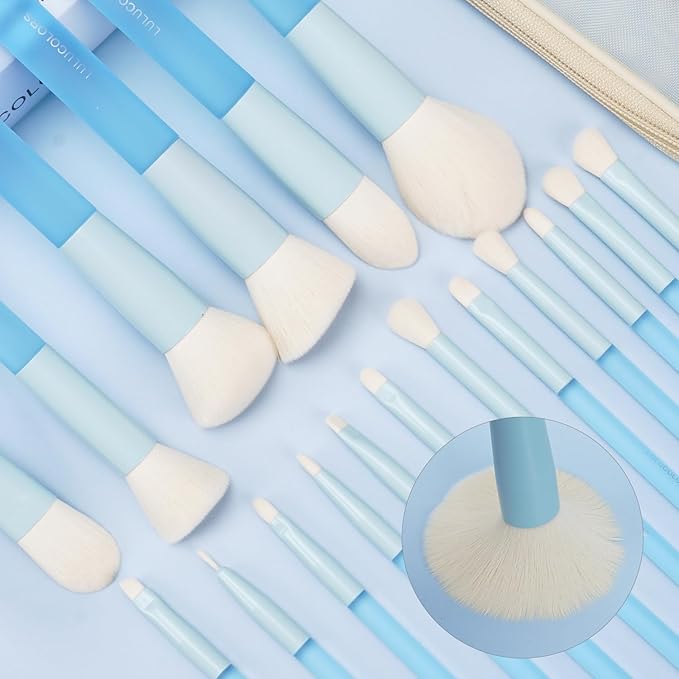 LULUCOLORS 18-Piece Light Blue Professional Makeup Brush Set – Translucent Rubberized Handles, Soft Synthetic Bristles for Face & Eye Makeup – Includes Travel Bag & Sponges,Complete Brush Collection