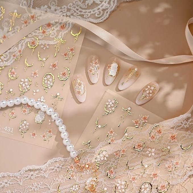 Gold Flower Nail Stickers Spring Nail Stickers for Nail Art 5D Embossed Pearl Gold Edge Petals Nail Decals Spring Summer Flower Nails Supplies for Women DIY Nail Art Decorations