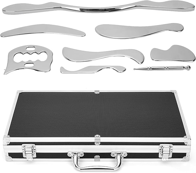 8 in 1 Stainless Steel Gua Sha Muscle Scraper Massage Tool Set IASTM Tools Portable Scraping Tool Physical Therapy Great Soft Tissue Mobilization with Carrying Case