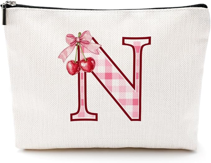 CQM Initial Makeup Bag Monogram Cosmetic Bag Monogrammed Gifts for Women Girls Friends Coworker Sisters Personalized Travel Toiletry Bag Christmas Bridal Shower Wedding Bridesmaid Gifts, Cherry N