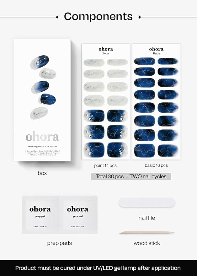 ohora Semi Cured Gel Nail Strips (N Frost Marble) - Works with Any Lamps, Salon-Quality, Long Lasting, Easy to Apply & Remove - Includes 2 Prep Pads, Nail File & Wooden Stick