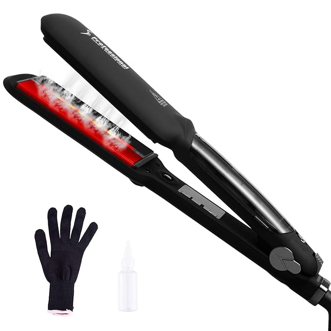 DORISILK Steam Hair Straightener and Curler Iron 2 in 1, Professional Salon Infrared Flat Iron Wide Tourmaline Ceramic Plate, Vapor Straighteners for Hair 450 Degrees Adjustable Temp, 2 Inch Black