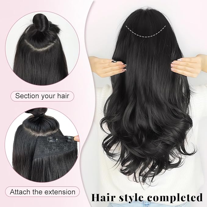 ALXNAN Long Wavy Layered Hair Extensions for Women, Clip in Hair Extensions Clip Ins Soft Full Head Synthetic Hairpieces 16 Inch Chocolate Brown with Dark Brown