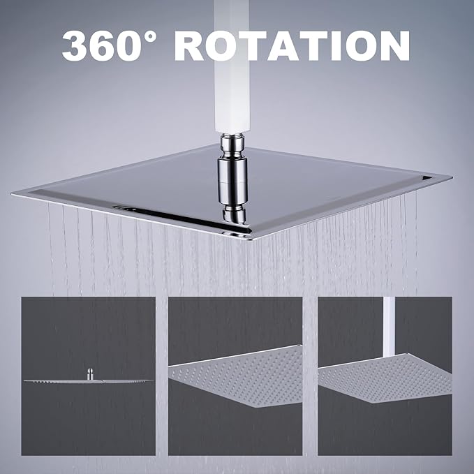 Shower Head, 16 Inch High Pressure Flow Rainfall Shower, Square Ultra Thin Waterfall Bath Showerhead with Silicone Nozzle and Adjustable Metal Swivel Ball Joint, Stainless Steel, Polished Finish