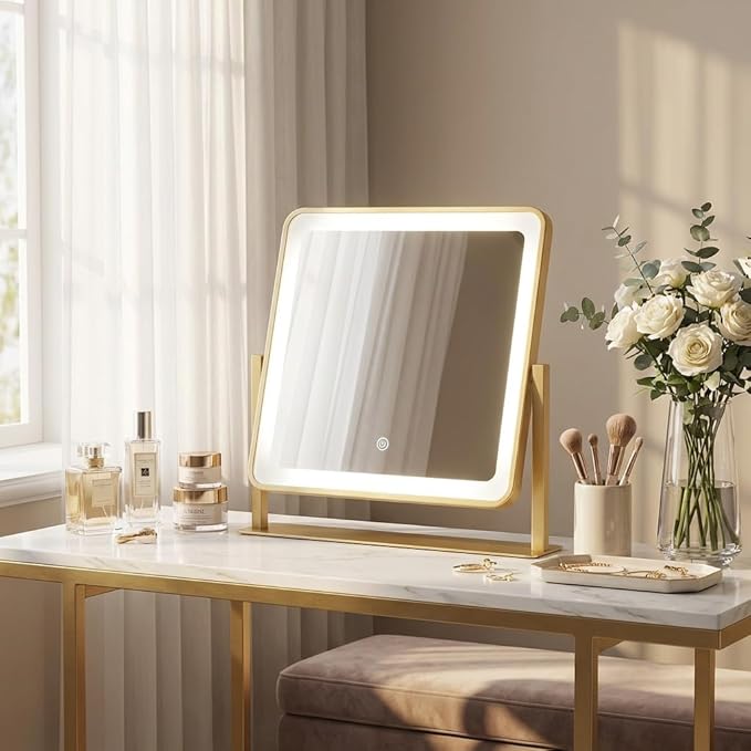 Vanity Mirror with Lights, 14"×12" Makeup Mirror with Lights, LED Makeup Mirror, Brightness Adjustable, Smart Touch with 3 Color Lighting Modes, for Bedroom Tabletop - Gold