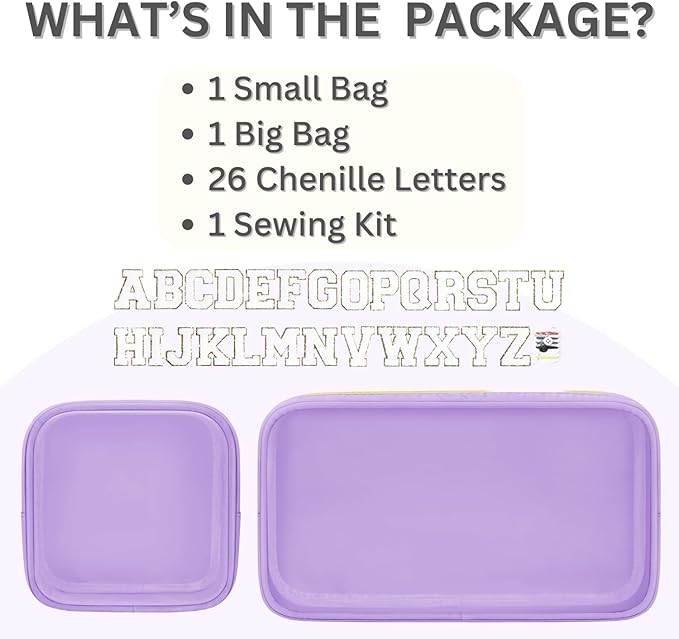GODEAGLE 2PCS Personalized Makeup Bag Set, 2PCS Toiletry Bag & 26 Chenille Letters, Clear Makeup Pouch, Preppy Stuff Gifts for Teen Girls (Purple)