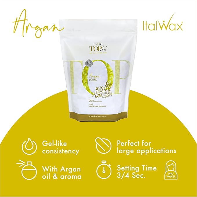 Italwax Top Line Argan Hard Wax 1.65lb (750g) – Fast-Drying Transparent Flou Yellow Gel Enriched with Argan Oil and Argan scent, Strong Adhesion for Face, Underarms & Back – Made in Italy