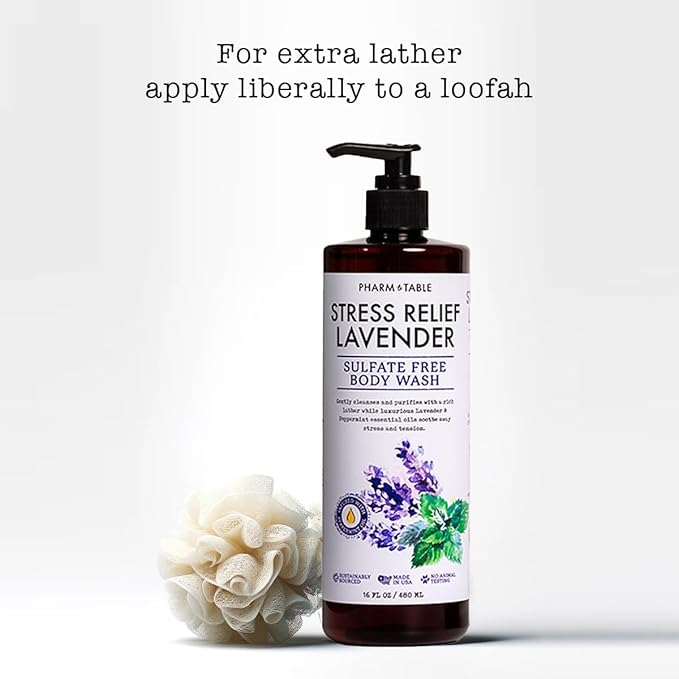 PHARM TO TABLE Stress Relief Lavender Body Wash for Women and Men Softens and Soothes the Skin, Sulfate Free, 100% Cruelty Free, 480ml