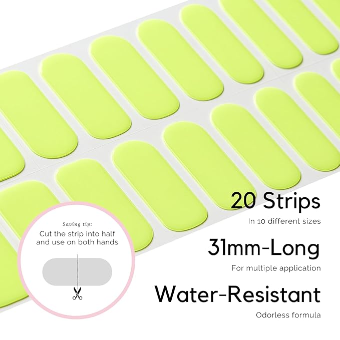 NAILOG Semi Cured Gel Nail Strips, 20Pcs Green Long Lasting Stickers, Salon Quality Easy Apply & Remove Works with Any UV/LED Nail Lamps for Summer, Lime Bomb