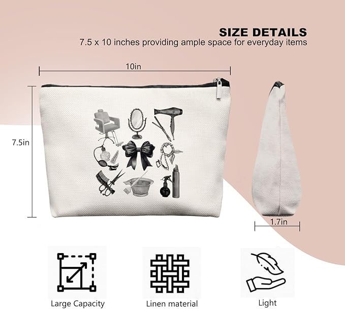 EKGJW Black & White Hairstylist Makeup Bag, Aesthetic Salon Travel Organizer, Cosmetology Student Gifts for Women, Hairdresser Accessories Pouch for Teen Girls, 7.5 x 10 in