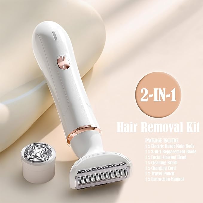 Electric Razor for Women: 2-in-1 Painless Epilator & Hair Removal Kit, Wet&Dry Use, Cordless, Type-C Rechargeable with Facial Hair Trimmer, 3-Blade Shaver Head, Plus Replacement Tip.BEAUTISILK