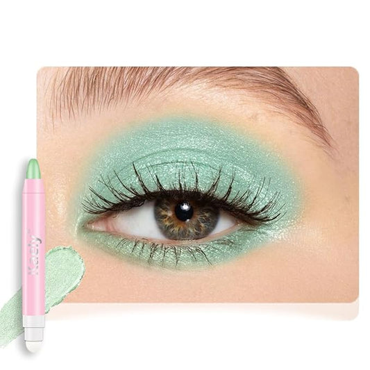 2in1 Shimmer Cream Eye Shadow Stick-Greenish Cyan, Eyeliner Pencil Eyeshadow Palette Makeup, Waterproof Long Lasting Brightener, Crease Proof & Smudge Resistant, Cream Eyeshadow with Built-in Smudger
