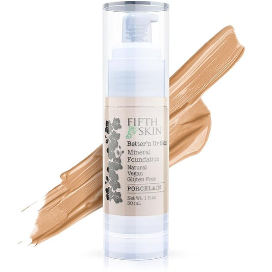 Fifth & Skin: Better’n Ur Skin Liquid Foundation (PORCELAIN) - Natural, Organic, Vegan, Cruelty-Free - Gluten-Free Beauty with Buildable Coverage and Palm-Free Luxury - 1 oz