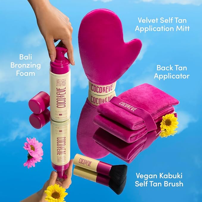 Coco & Eve Bali Bae Self Tan Set (Dark). All Natural Sunless Tanning Mousse. Instant Self Tanning Lotion with Bronzer, Miit & Back Applicator for Flawless Application and Bronze