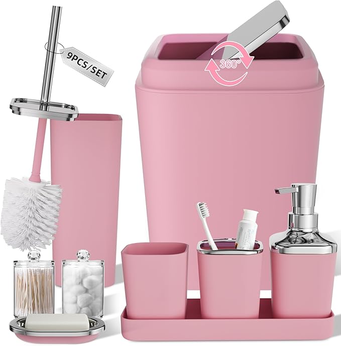 XLHOMO Pink Bathroom Accessories Set, 9PCS Pink Bathroom Accessory Sets Complete with Trash Can, Tray,Soap Dispenser,Soap Dish,Toothbrush Holder,Cup,Toilet Brush and Qtip Holders for Housewarming