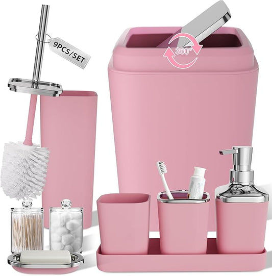 XLHOMO Pink Bathroom Accessories Set, 9PCS Pink Bathroom Accessory Sets Complete with Trash Can, Tray,Soap Dispenser,Soap Dish,Toothbrush Holder,Cup,Toilet Brush and Qtip Holders for Housewarming