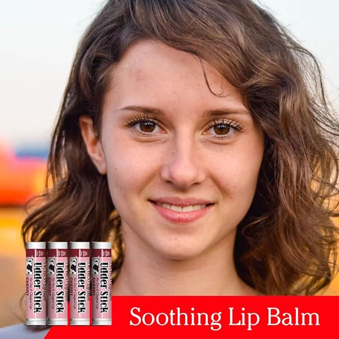 Dr. Hess Original Udder Stick SPF Lip Balm, Soothing Moisturizer Sun Screen Balm for Dry Lips with Jojoba, Beeswax & Shea Butter, Total Lip Care, Hydration & Repair, Cherry Flavor, 4 Pack