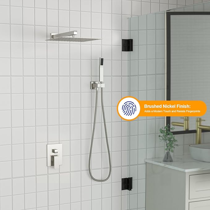 Dcolora 10 In. Rainfall Shower System with Handheld, Brushed Nickel Shower Faucet Set for Bathroom, Brass Valve, 304 Stainless Steel, Anti-Scald cUPC Certified (Brushed Nickel, 10 Inch)