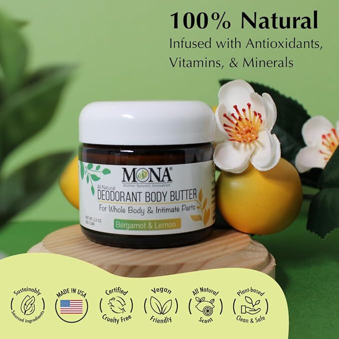 MONA All Natural Whole Body Deodorant Cream for Women & Men | For Private Parts | Aluminum & Baking Soda Free with Natural Fragrance | Bergamot & Lemon 2.0 oz (Pack of 1)