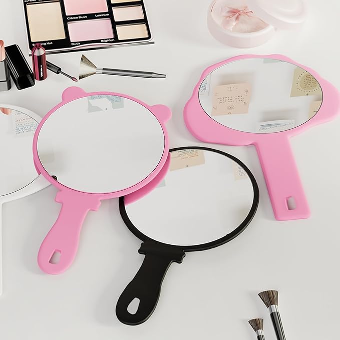 Hand Mirror, 2 Pcs Big + Small Compact Hand Mirrors with Handle, Salon Hairdressing Bathroom Barber & Makeup, Travel, Pocket-Sized Mirror, Hanging, Handheld Mirror (Pink, 7.09" Lx 9.06" W)