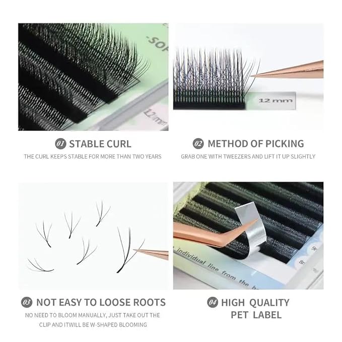 3D W Shape Three Core Premade Fan Eyelash Extensions Volume 3 Tips False Lashes Faux Mink Matte Black Cluster Lash Extensions(0.07 C,8-15mm Mix)