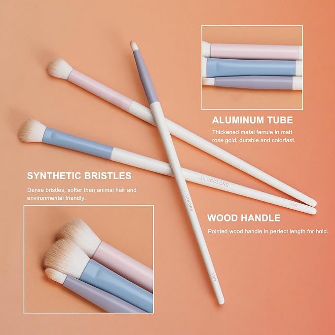 LULUCOLORS 3-Piece Eye Makeup Brush Set with 20 Cotton Sticks – Soft, Dense Synthetic Bristles, Professional Eyeshadow Blending Brushes for Smooth Application – Includes Storage Pouch