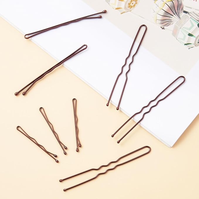 300 Pcs Brown Wave-Shaped and U-Shaped Bobby Pins Mix Metal Hair Pins Hair Accessories for Women Stylists Hair Sticks Girl